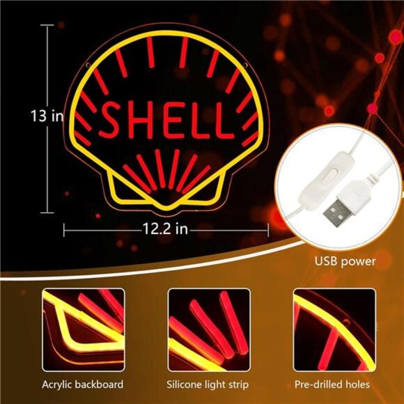 Shell Oil Logo LED Neon Sign Garage Shop Decor Man Cave Bar Mechanic Gear Head - Picture 2 of 7